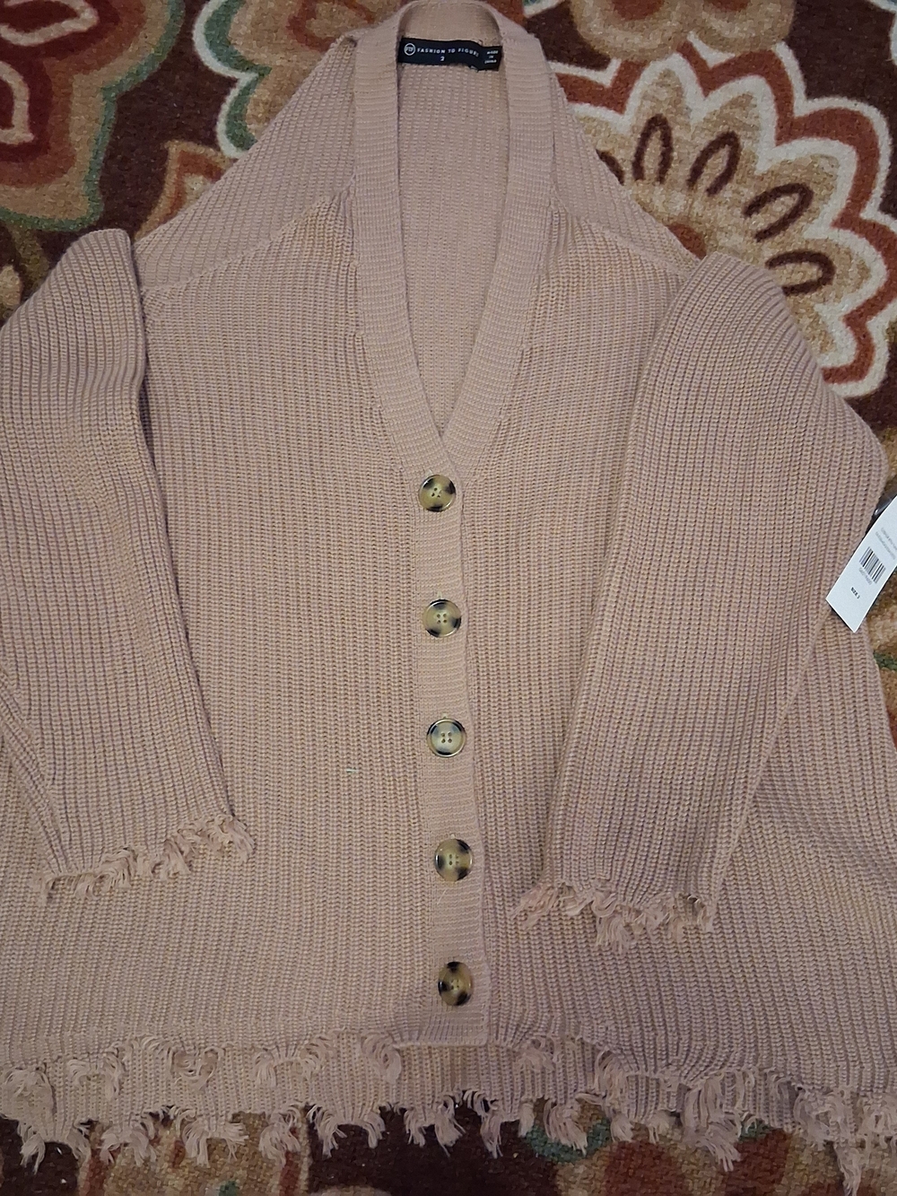 Fashion to Figure Cold Shoulder Taupe Fringe-Trim Button Cardigan